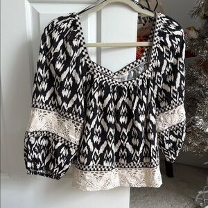 Christian Siriano Black and Cream Patterned Blouse